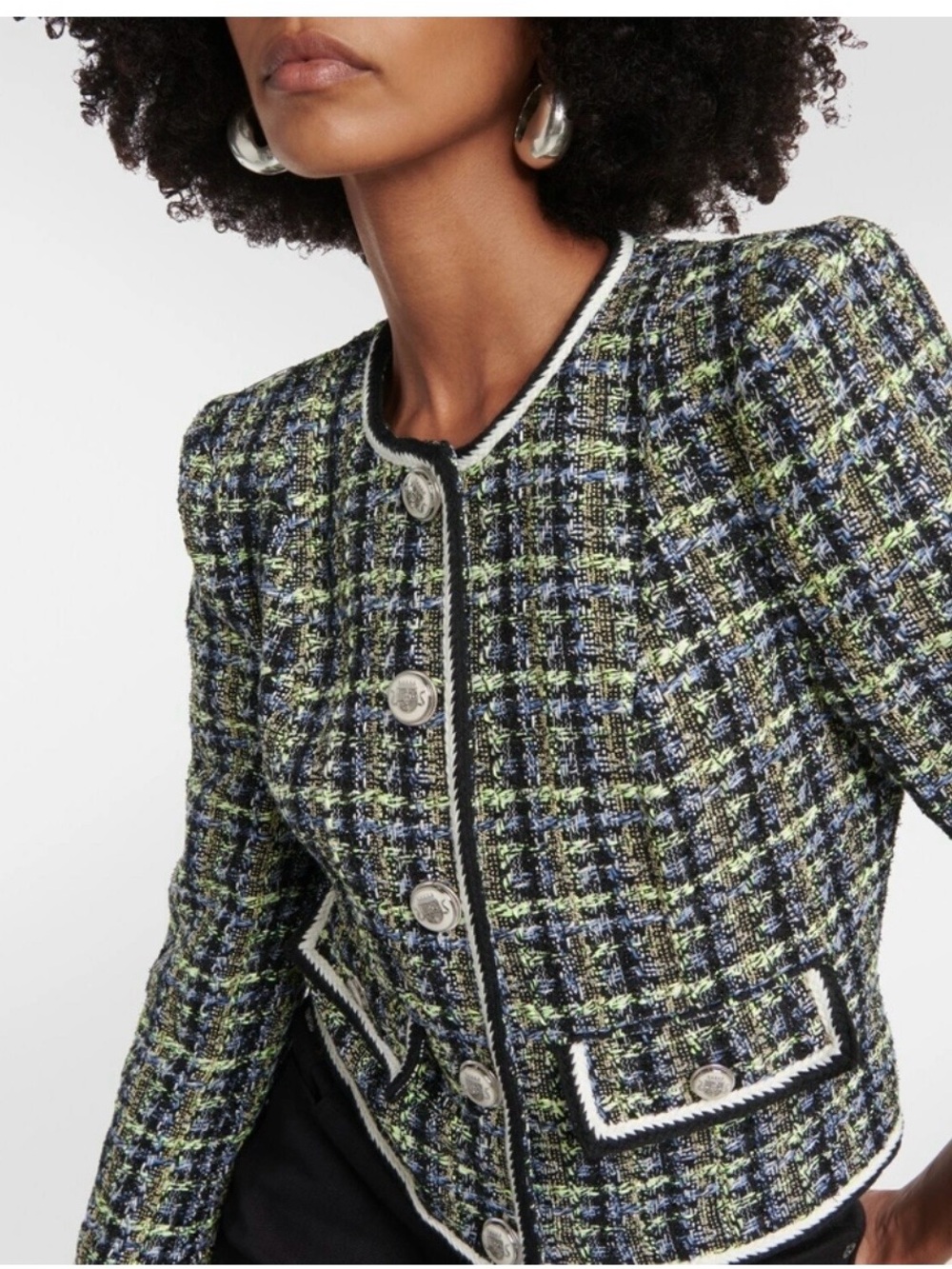 Veronica Beard Ceres Tweed Navy Chartreuse Button Up Jacket 2